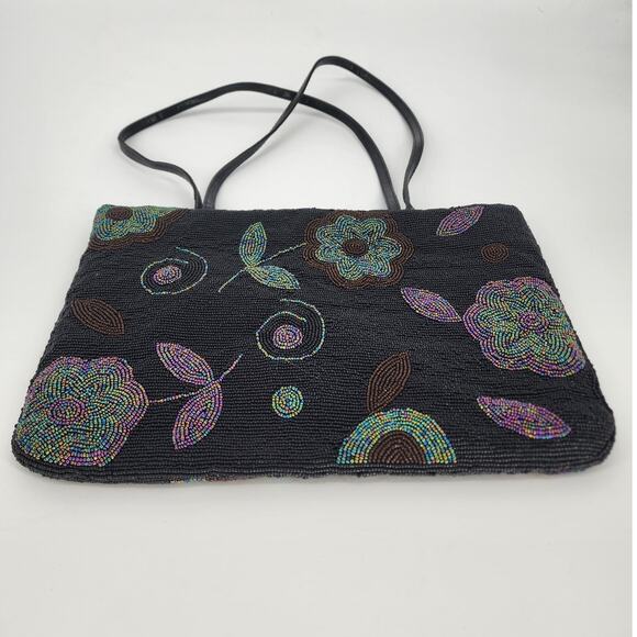Black and Iridescent Beaded Floral Shoulder Bag - Picture 1 of 10